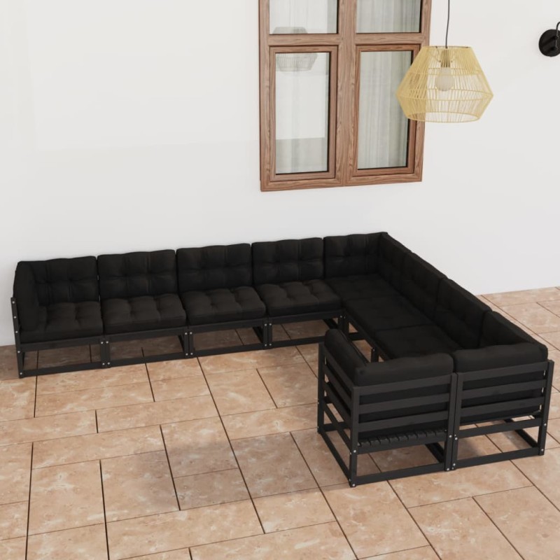 9-tlg. Garten-Lounge-Set mit Kissen Schwarz Massivholz Kiefer 9-tlg. Garten-Lounge-Set mit Kissen Schwarz Massivholz Kiefer