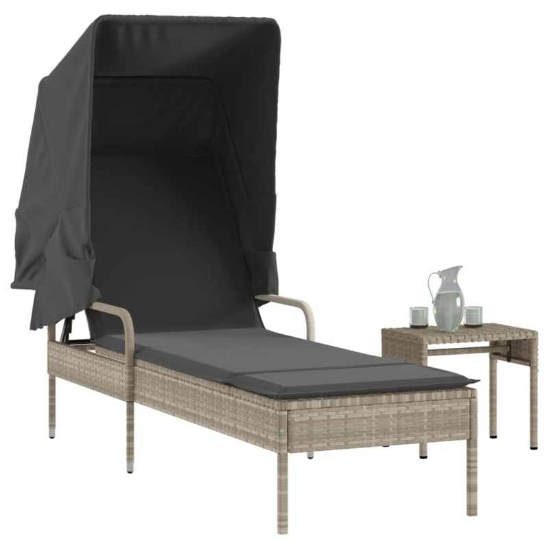vidaXL Sonnenliege mit Dach und Tisch Hellgrau Poly Rattan vidaXL Sonnenliege mit Dach und Tisch Hellgrau Poly Rattan