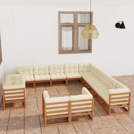 13-tlg. Garten-Lounge-Set Kissen Honigbraun Kiefer Massivholz