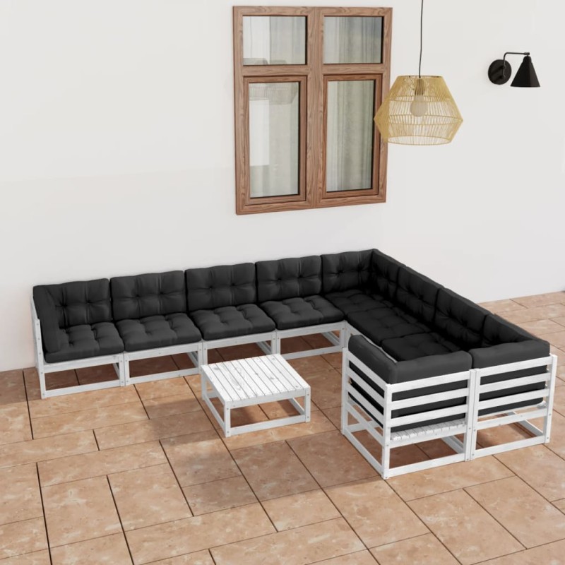 vidaXL 10-tlg. Garten-Lounge-Set mit Kissen Weiß Massivholz Kiefer vidaXL 10-tlg. Garten-Lounge-Set mit Kissen Weiß Massivholz Kiefer