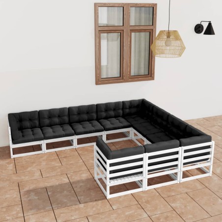 10-tlg. Garten-Lounge-Set mit Kissen Weiß Kiefer Massivholz