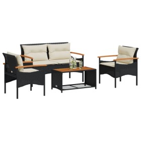vidaXL 4-tlg. Garten-Sofagarnitur mit Kissen Schwarz Poly Rattan