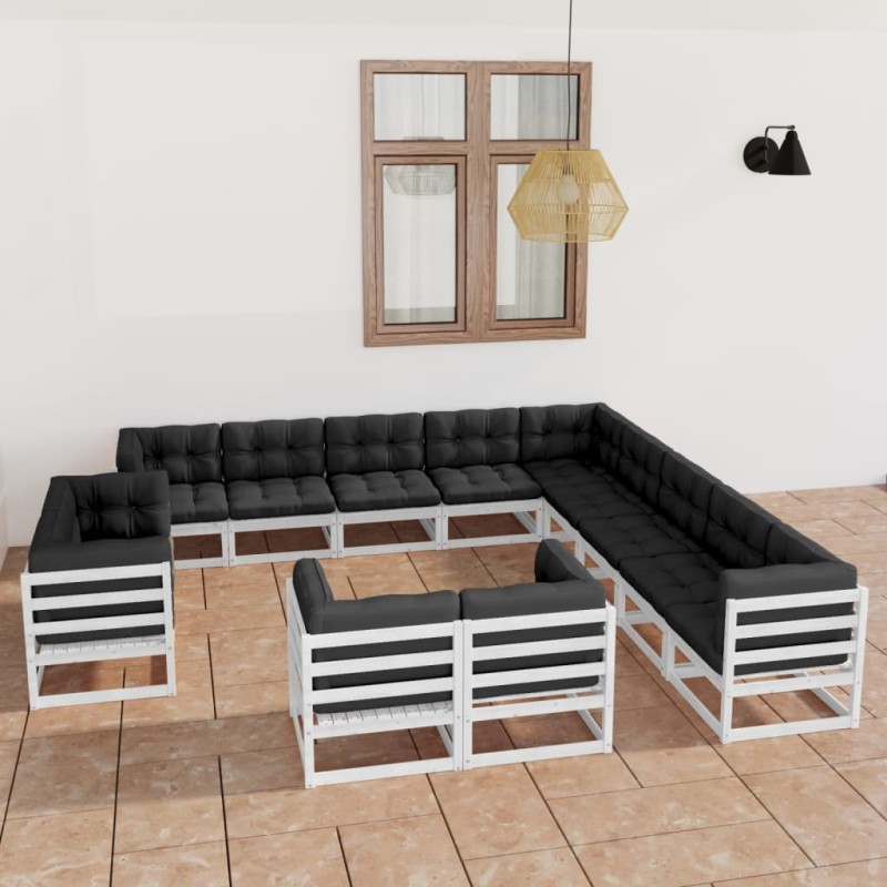 13-tlg. Garten-Lounge-Set mit Kissen Weiß Kiefer Massivholz 13-tlg. Garten-Lounge-Set mit Kissen Weiß Kiefer Massivholz