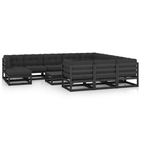 12-tlg. Garten-Lounge-Set mit Kissen Schwarz Kiefer Massivholz