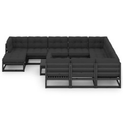 12-tlg. Garten-Lounge-Set mit Kissen Schwarz Kiefer Massivholz