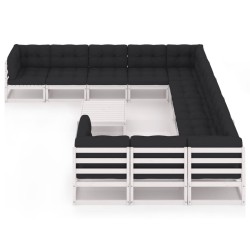 12-tlg. Garten-Lounge-Set mit Kissen Weiß Kiefer Massivholz