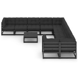 vidaXL 11-tlg. Garten-Lounge-Set mit Kissen Schwarz Kiefer Massivholz