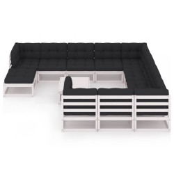 12-tlg. Garten-Lounge-Set mit Kissen Weiß Kiefer Massivholz