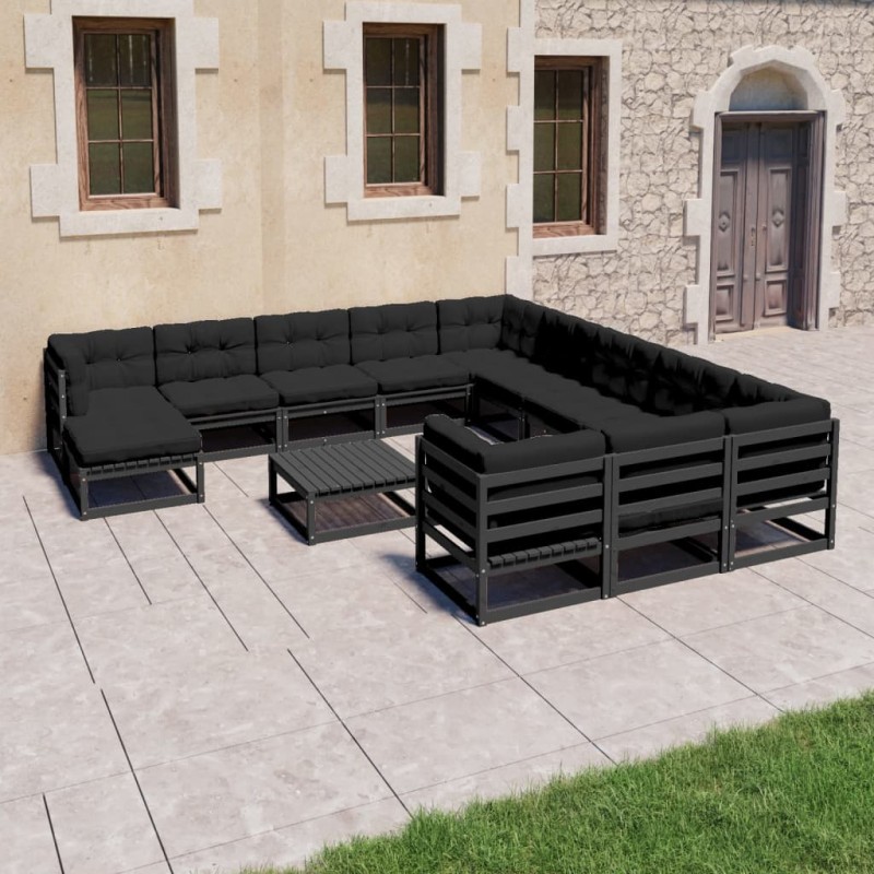vidaXL 13-tlg. Garten-Lounge-Set mit Kissen Schwarz Massivholz Kiefer vidaXL 13-tlg. Garten-Lounge-Set mit Kissen Schwarz Massivholz Kiefer