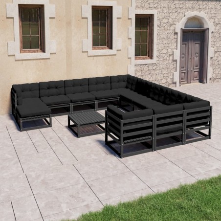 vidaXL 13-tlg. Garten-Lounge-Set mit Kissen Schwarz Massivholz Kiefer