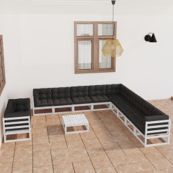 12-tlg. Garten-Lounge-Set mit Kissen Weiß Kiefer Massivholz