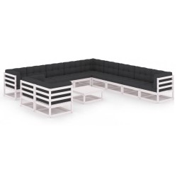 12-tlg. Garten-Lounge-Set mit Kissen Weiß Kiefer Massivholz