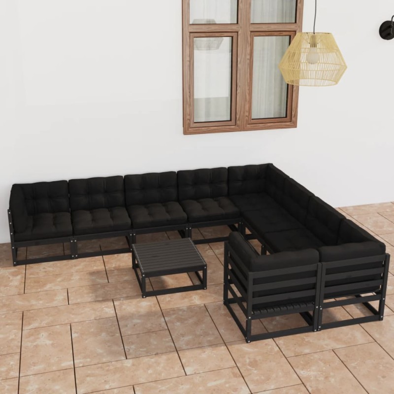 10-tlg. Garten-Lounge-Set mit Kissen Schwarz Kiefer Massivholz 10-tlg. Garten-Lounge-Set mit Kissen Schwarz Kiefer Massivholz