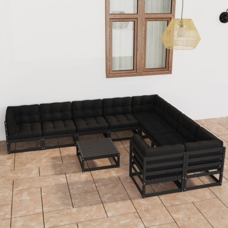 10-tlg. Garten-Lounge-Set mit Kissen Schwarz Kiefer Massivholz