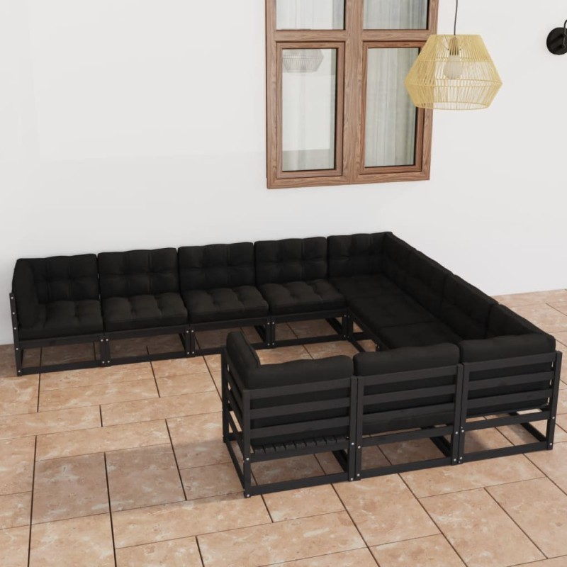 10-tlg. Garten-Lounge-Set mit Kissen Schwarz Kiefer Massivholz 10-tlg. Garten-Lounge-Set mit Kissen Schwarz Kiefer Massivholz