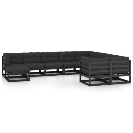 10-tlg. Garten-Lounge-Set mit Kissen Schwarz Kiefer Massivholz