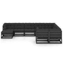 10-tlg. Garten-Lounge-Set mit Kissen Schwarz Kiefer Massivholz