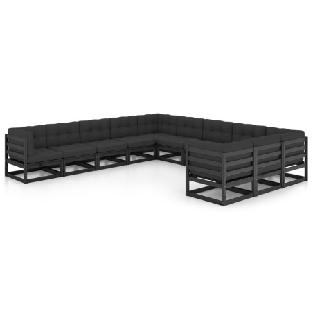 vidaXL 11-tlg. Garten-Lounge-Set mit Kissen Schwarz Kiefer Massivholz