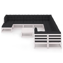 12-tlg. Garten-Lounge-Set mit Kissen Weiß Kiefer Massivholz