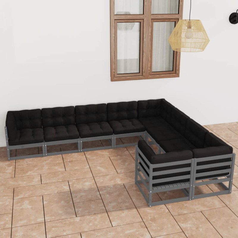 9-tlg. Garten-Lounge-Set mit Kissen Grau Kiefer Massivholz 9-tlg. Garten-Lounge-Set mit Kissen Grau Kiefer Massivholz