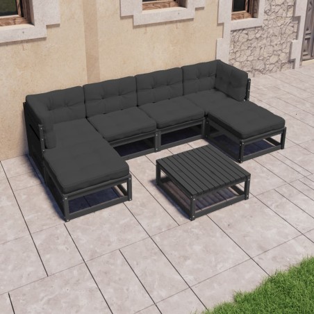 7-tlg. Garten-Lounge-Set mit Kissen Schwarz Kiefer Massivholz
