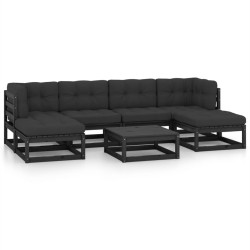 7-tlg. Garten-Lounge-Set mit Kissen Schwarz Kiefer Massivholz