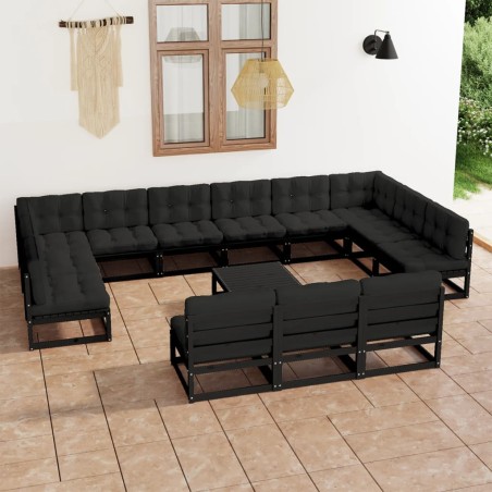 14-tlg. Garten-Lounge-Set mit Kissen Schwarz Kiefer Massivholz