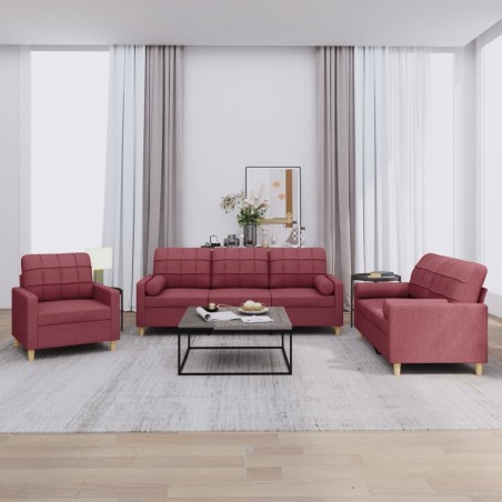 vidaXL 3-tlg. Sofagarnitur mit Kissen Weinrot Stoff