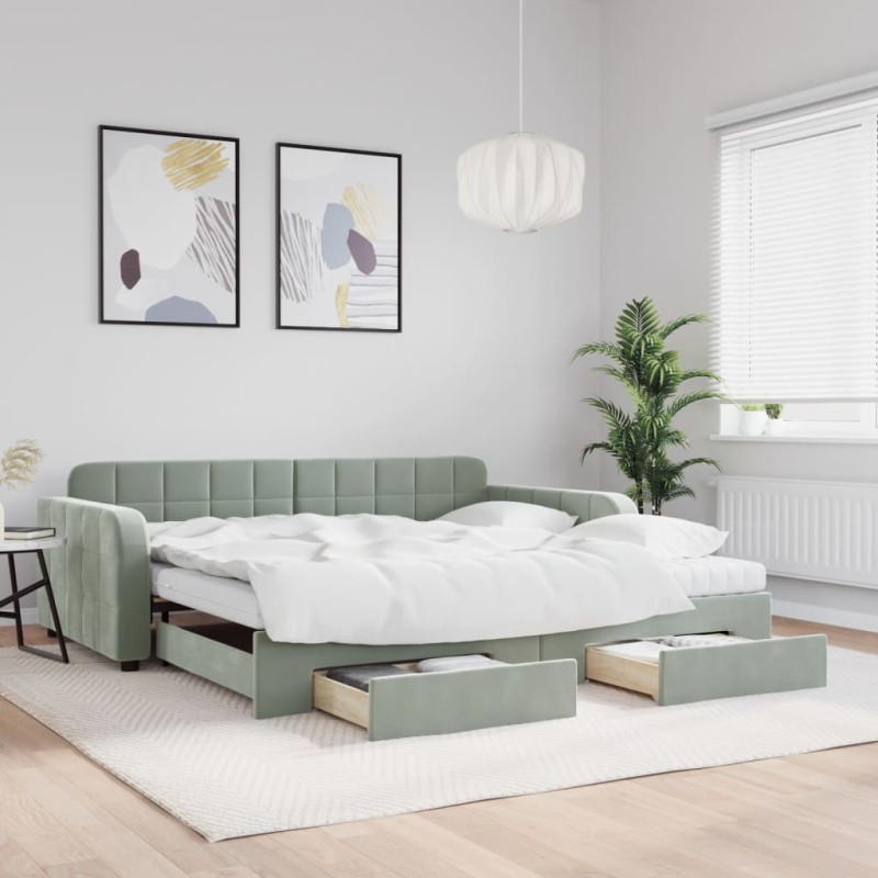 vidaXL Tagesbett Ausziehbar mit Schubladen Hellgrau 100x200 cm Samt vidaXL Tagesbett Ausziehbar mit Schubladen Hellgrau 100x200 cm Samt