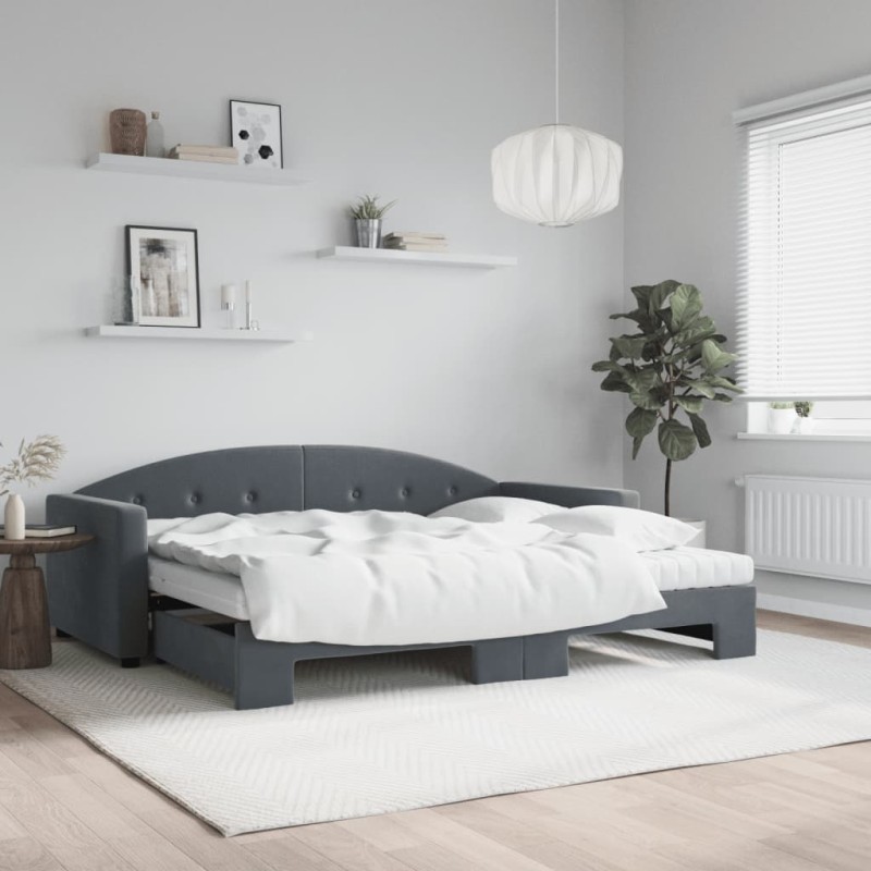 vidaXL Tagesbett Ausziehbar mit Matratzen Dunkelgrau 90x200 cm Samt vidaXL Tagesbett Ausziehbar mit Matratzen Dunkelgrau 90x200 cm Samt