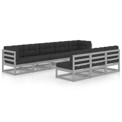 8-tlg. Garten-Lounge-Set mit Kissen Grau Kiefer Massivholz