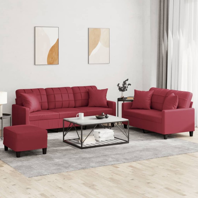 vidaXL 3-tlg. Sofagarnitur mit Kissen Weinrot Kunstleder vidaXL 3-tlg. Sofagarnitur mit Kissen Weinrot Kunstleder