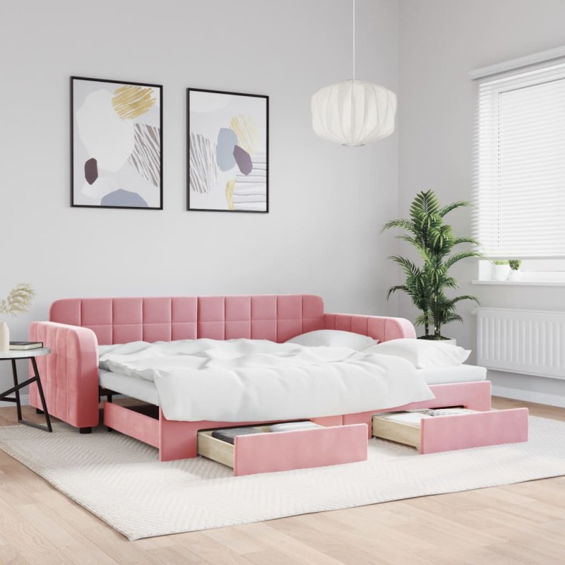 vidaXL Tagesbett Ausziehbar mit Schubladen Rosa 90x200 cm Samt vidaXL Tagesbett Ausziehbar mit Schubladen Rosa 90x200 cm Samt