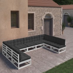 9-tlg. Garten-Lounge-Set mit Kissen Weiß Kiefer Massivholz