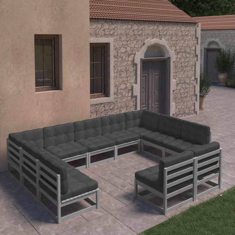 11-tlg. Garten-Lounge-Set mit Kissen Grau Kiefer Massivholz 11-tlg. Garten-Lounge-Set mit Kissen Grau Kiefer Massivholz