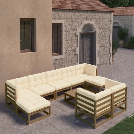 10-tlg. Garten-Lounge-Set Kissen Honigbraun Kiefer Massivholz