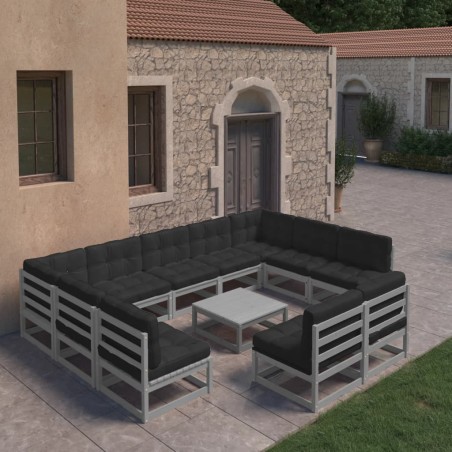 10-tlg. Garten-Lounge-Set mit Kissen Grau Kiefer Massivholz.