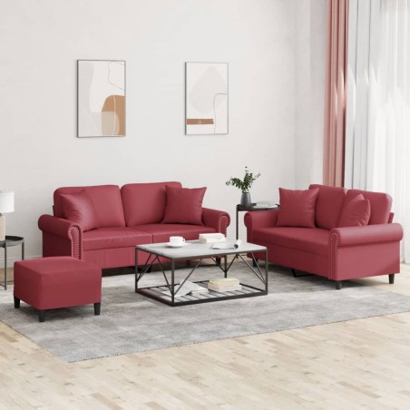 vidaXL 3-tlg. Sofagarnitur mit Kissen Weinrot Kunstleder