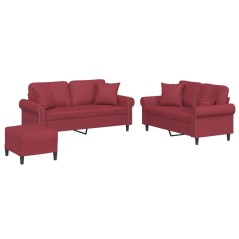 vidaXL 3-tlg. Sofagarnitur mit Kissen Weinrot Kunstleder
