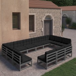 13-tlg. Garten-Lounge-Set mit Kissen Grau Kiefer Massivholz