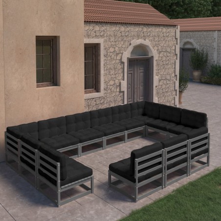 13-tlg. Garten-Lounge-Set mit Kissen Grau Kiefer Massivholz
