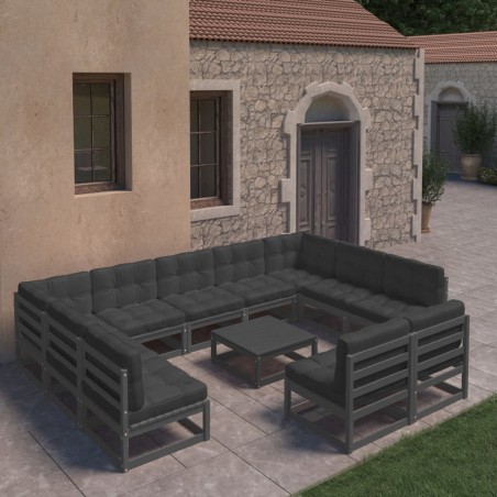12-tlg. Garten-Lounge-Set mit Kissen Schwarz Kiefer Massivholz
