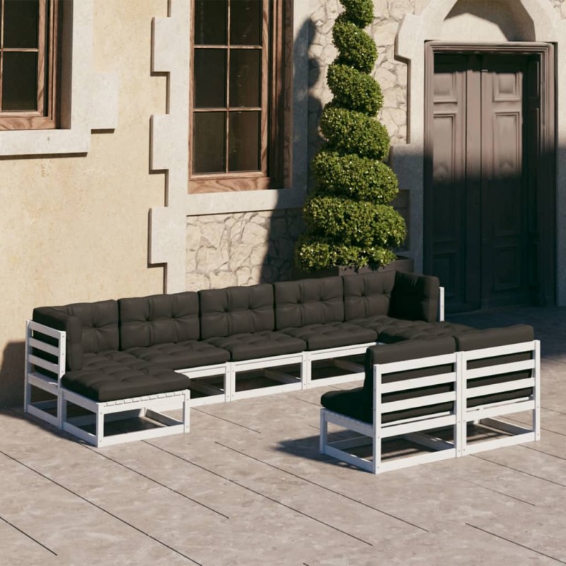 9-tlg. Garten-Lounge-Set mit Kissen Weiß Kiefer Massivholz 9-tlg. Garten-Lounge-Set mit Kissen Weiß Kiefer Massivholz