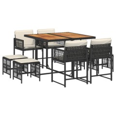 vidaXL 9-tlg. Garten-Essgruppe mit Kissen Schwarz Poly Rattan