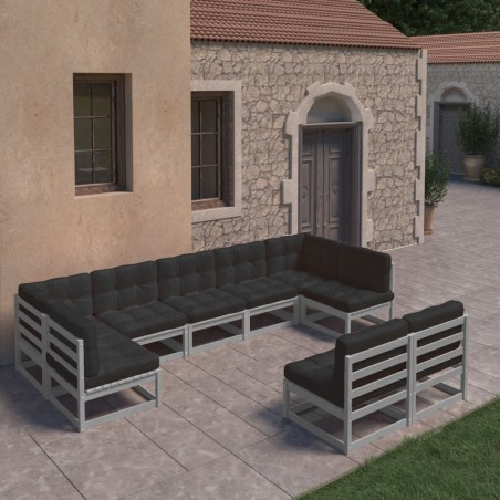 9-tlg. Garten-Lounge-Set mit Kissen Grau Kiefer Massivholz