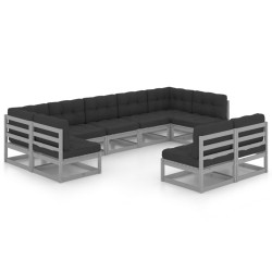 9-tlg. Garten-Lounge-Set mit Kissen Grau Kiefer Massivholz