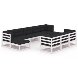 10-tlg. Garten-Lounge-Set mit Kissen Weiß Kiefer Massivholz