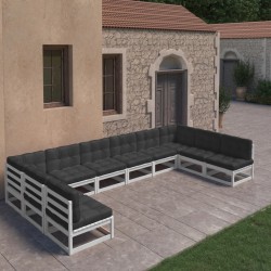 10-tlg. Garten-Lounge-Set mit Kissen Weiß Kiefer Massivholz