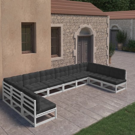 10-tlg. Garten-Lounge-Set mit Kissen Weiß Kiefer Massivholz