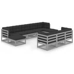 vidaXL 10-tlg. Garten-Lounge-Set mit Kissen Grau Massivholz Kiefer